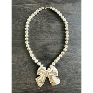 Silver Tone Beaded Necklace Large Bow Pendant Statement Chunky 18”
